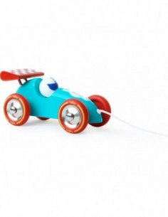 Voiture de course à tirer turquoise et rouge
